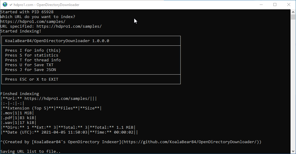Open Directory Downloader scanning a directory in the console